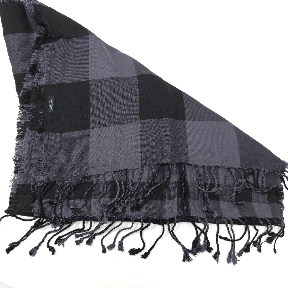 Armani Exchange AX Plaid Scarf Black Gray Fringe 68x15 Lightweight Unisex